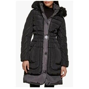 Guess Puffer Winter Coat NWT Black Faux Fur Trim Belted Womens Size XL